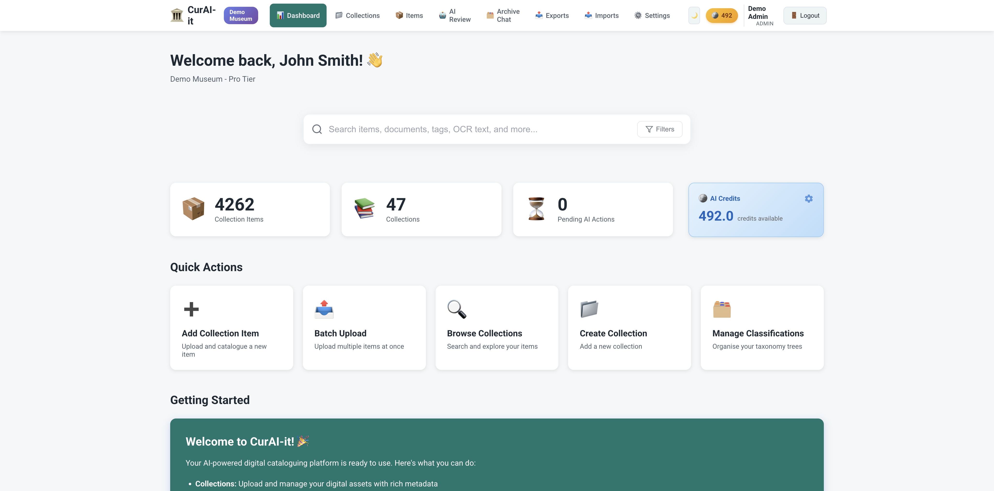 CurAI-it dashboard showing collection cards, accession counters and AI processing workflow