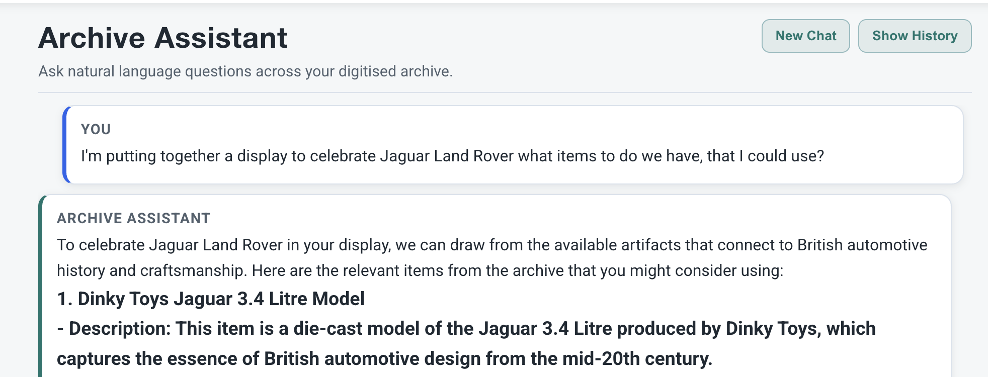 Natural language archive assistant interaction